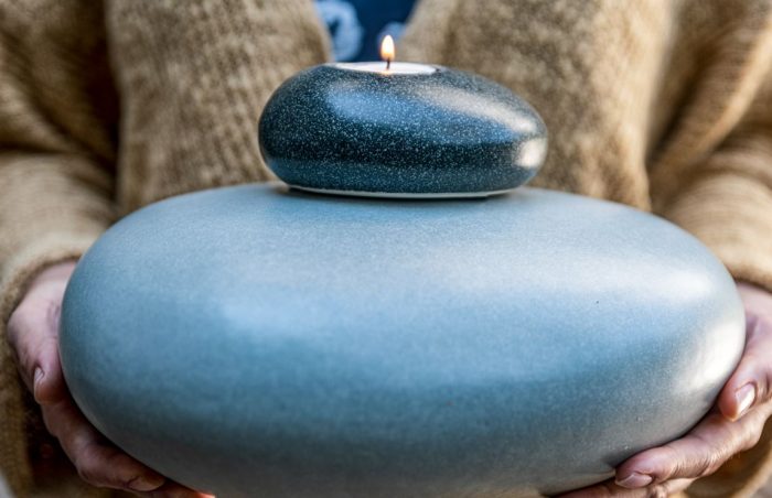 Eternity Pebble Adult Funeral Urn close up with memorial candle held by grieving woman outside
